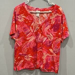 NEW Sigrid Olsen Womens Short Sleeve Shirt Size XL Pin Bird Tropical Beach Vacay